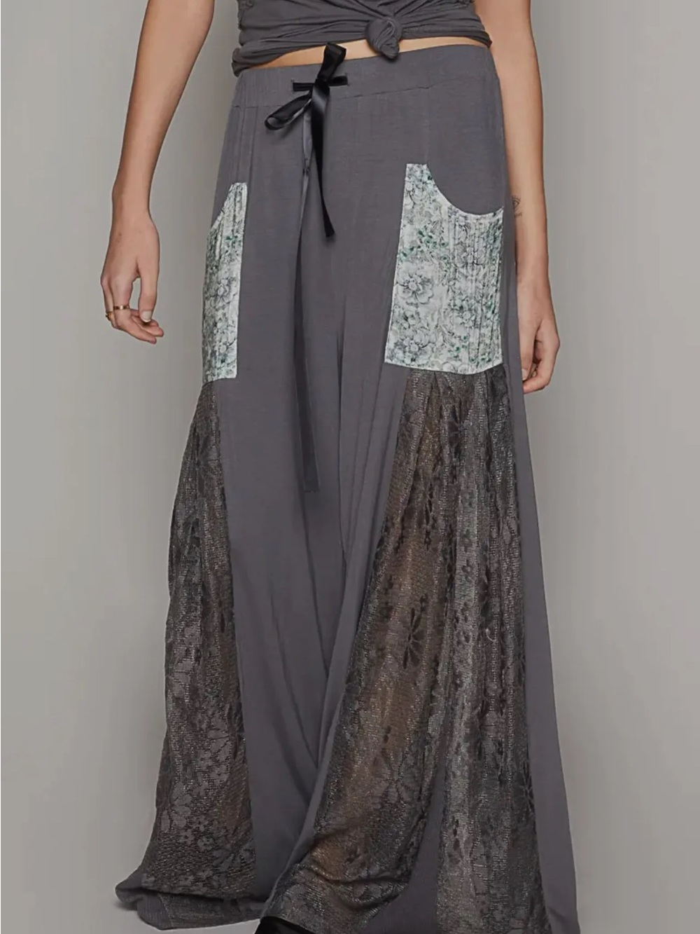 NWOT POL Boho Lace Trim Wide Leg Grey Pants Size M